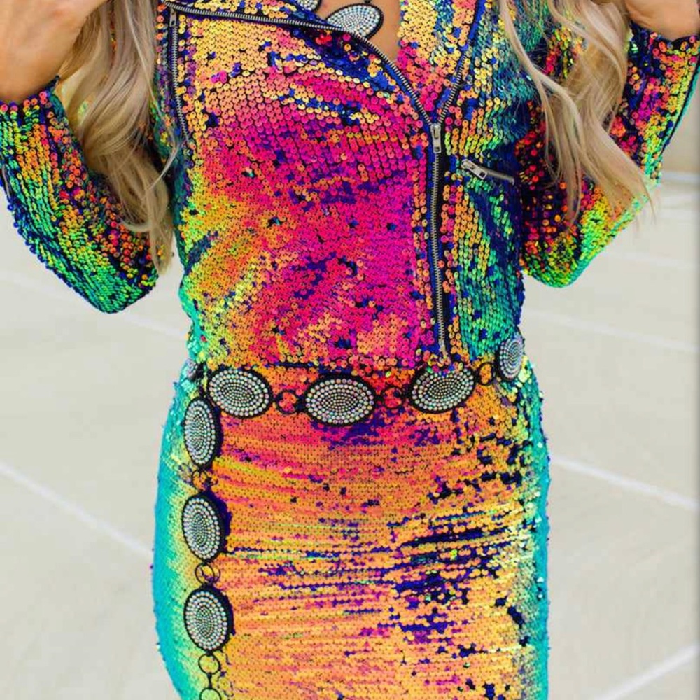 Southern Fried Chics cosmic cowgirl moto jacket and skirt set